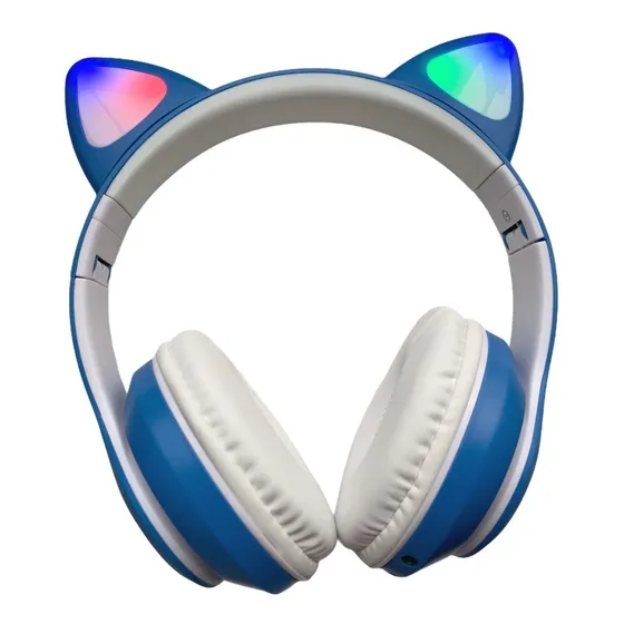 Fone Gatinho Sem Fio Com Led Bluetooth Infantil Meninas Gato Cor Azul