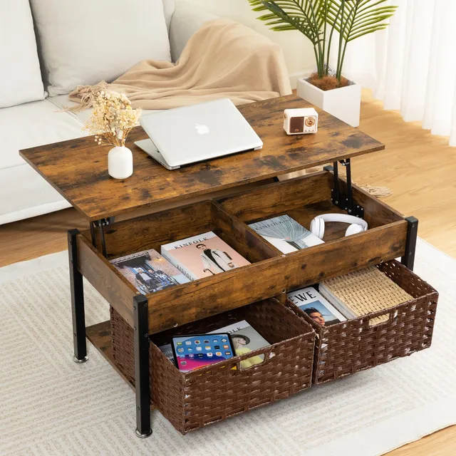 Mesa Centro Tapa Elevable Madera 2 Cesta Mimbre Extraibl S