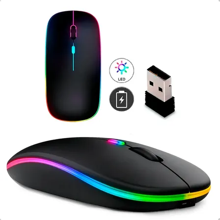 Mouse Sem Fio Recarregável Wireless Optico Led Rgb Ergonômico Sem Fio Para Pc Desktop Notebook Tablet Smartphone Homeroarte Preto