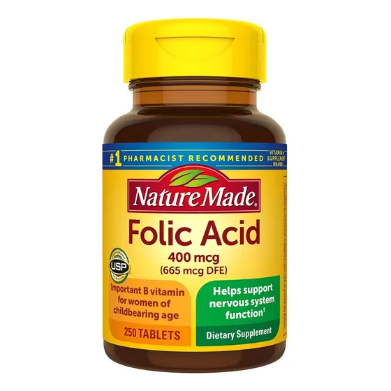 Nature Made Ácido Fólico 400 Mcg (665 Mcg Dfe)  Apoya El Sistema Nervioso Y El Desarrollo Fetal, Sin Gluten Ni Conservantes, 250 Tabletas
