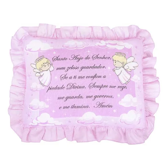 Travesseiro Bebê Oração Santo Anjo 28x35cm Luxo Com Babado