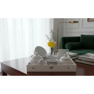 Materiais Buffet Conjunto 8 Pçs Café Da Manhâ Porcelana E Bandeja Mdf Branca Bran
