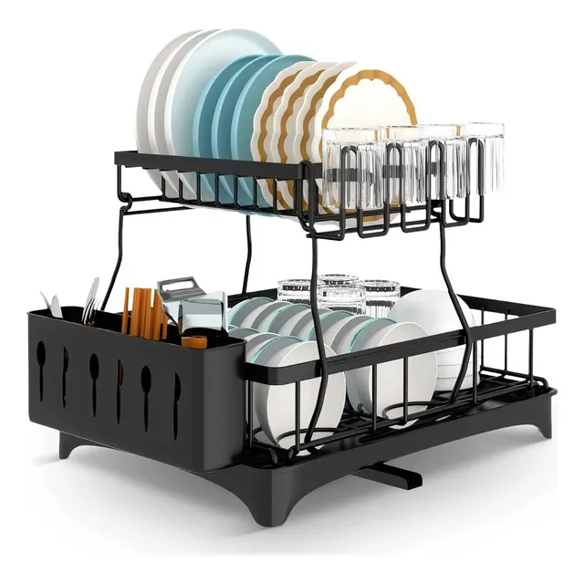 Escurridor trastes platos 2 niveles 360° drenaje automático color negro Kitul mkz-escurrid2niv