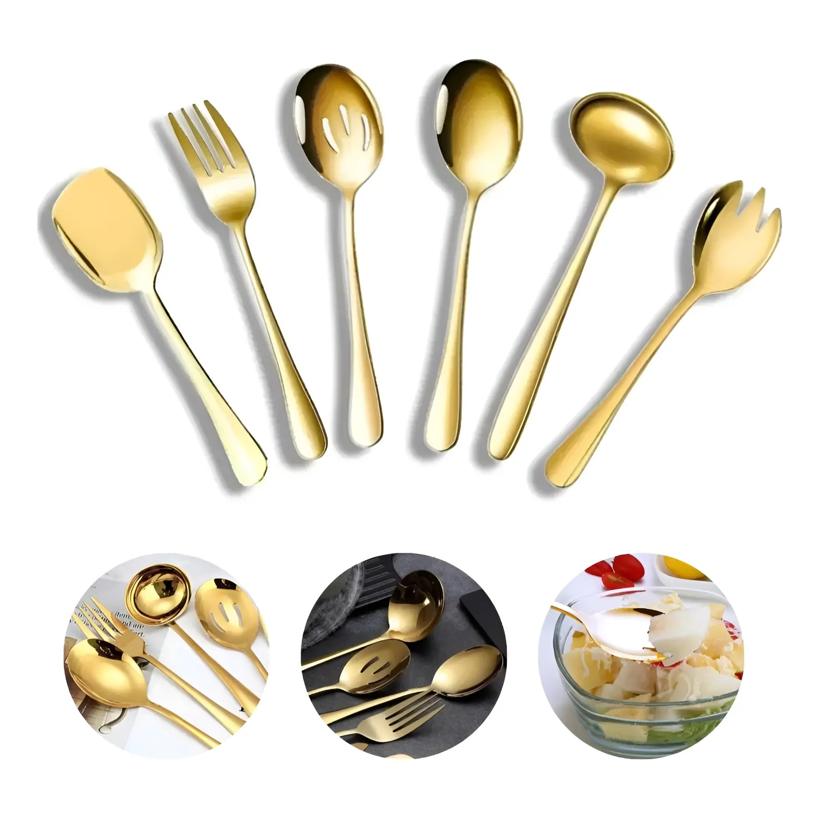 Kit 6 Talheres Grandes Dourado Utensílios Servir Salada Inox Dourado