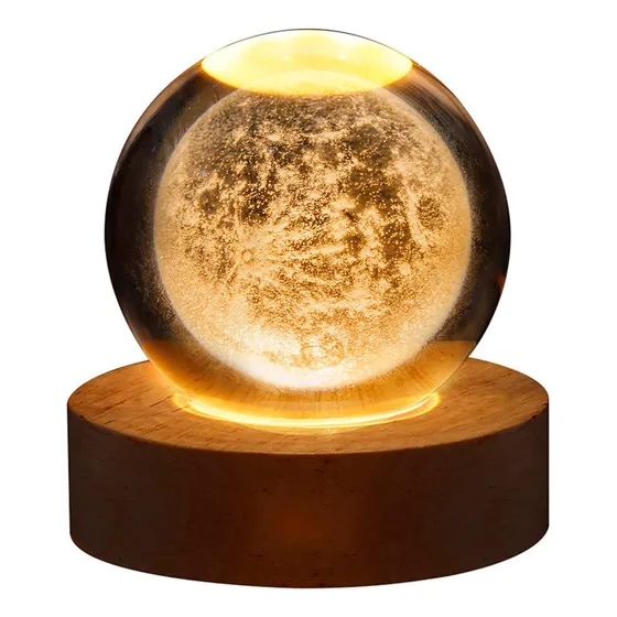Lampara 3d Bola De Cristal Saturno Con Base Madera