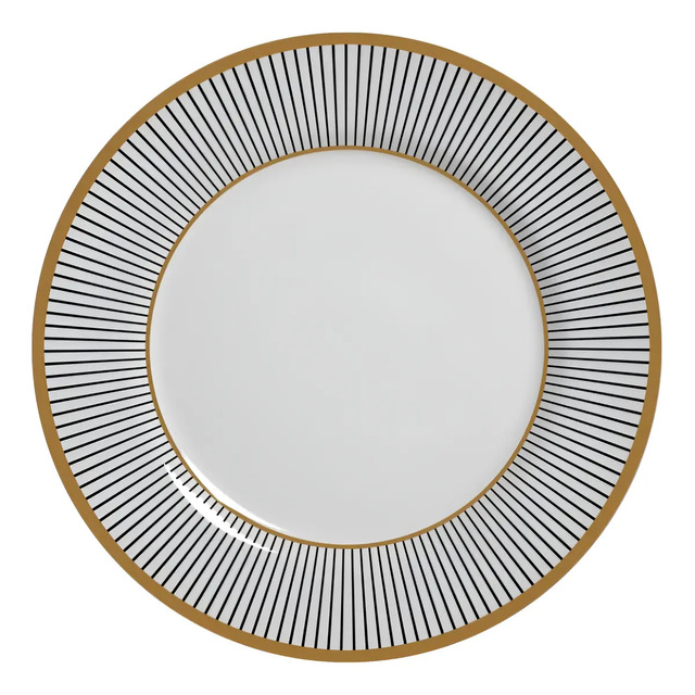 Prato de sobremesa da linha Ritz Alleanza com centro branco, borda decorada com linhas pretas verticais e acabamento dourado na extremidade.