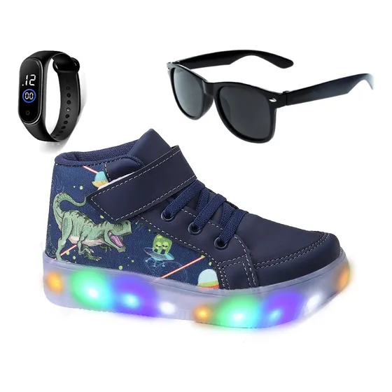 Tênis Masculino Botinha Dinossauro De Led + Óculos E Relógio
