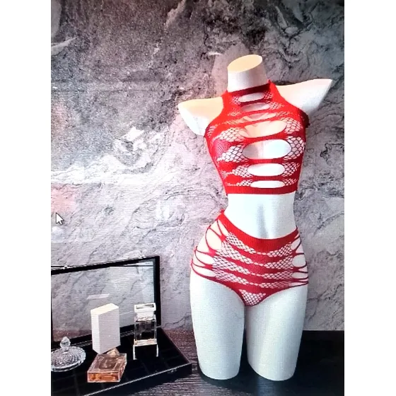 Sexy Lencería Bikini Conjunto S/tirantes Malla Transp. Rojo