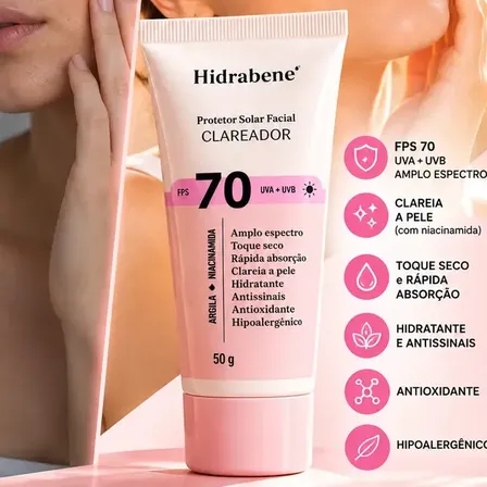 Hidrabene Protetor facial Solar FPS 70 Toque Seco Antissinais Clareia a pele 50g