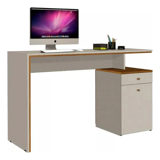 Mesa Escrivaninha Com Gaveta Para Escritório Notebook Computador Cor Nature/off White