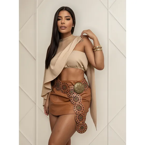 Conjunto Feminino Cropped Faixa E Capa Boho Gola Alta E Top