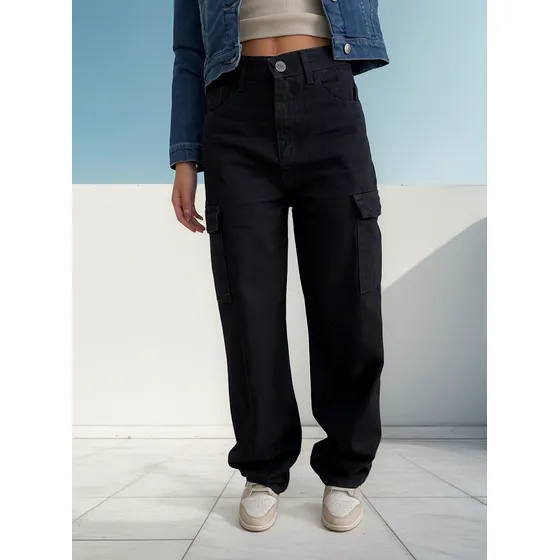 Cargo Jeans Mujer Rigido Negro Tiro Medio Alto Denim.