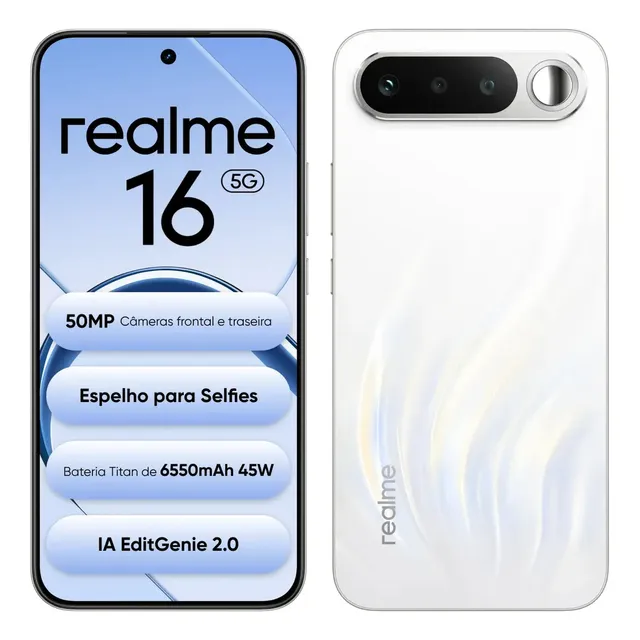 Smartphone Celular Realme 16 5g 256gb 12gb Ram Dual Sim Câmera De 50mp Lumacolor Image Espelho Para Selfies Bateria 6550mah Impermeável Ip69 Pro 4200nit Amoled Branco