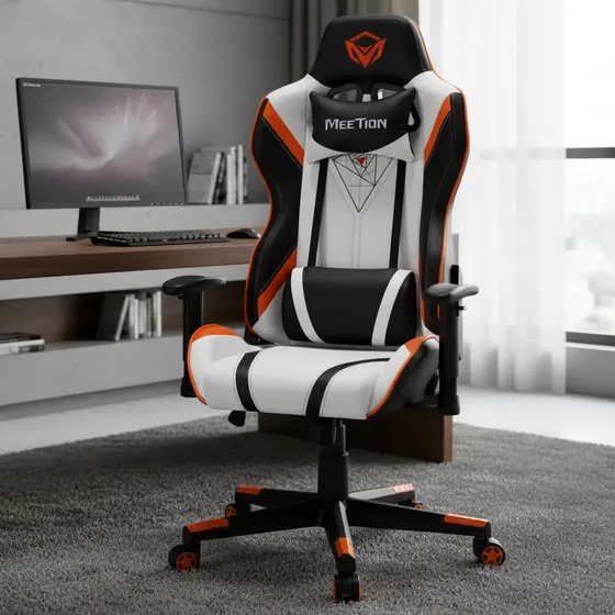 Silla Gamer Ergonomica Meetion CHR15 Negro Blanco Naranja Respaldo Reclinable | Cuotas sin interés