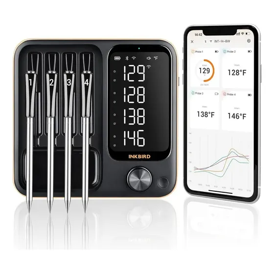 Termômetro de carne Wi-Fi com 4 sondas Inkbird Int-14-BW