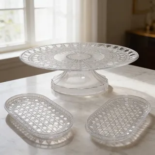 Kit 1 Boleira 32cm + 2 Bandeja Lapidada Cristal - Festa Luxo Transparente