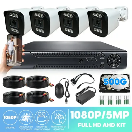 Kit CFTV de Segurança com 4 Câmeras Bullet IP66 5MP, DVR de 4 Canais e HD de 500GB para Visão Noturna