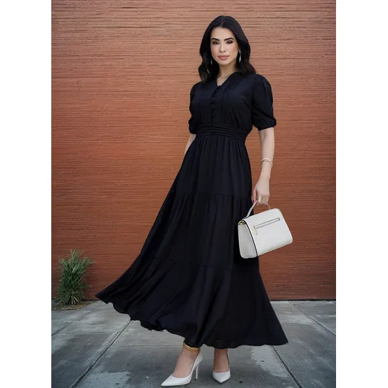 Vestido Midi Feminino  Decote V Chifom Casual
