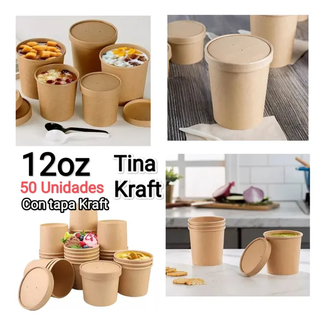 Tina Envase Kraft Con Tapa 12oz 50 Unidades