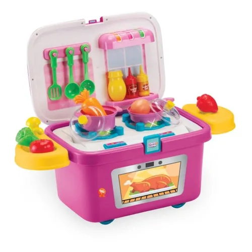 Estufa de cocina Playduo Mini Chef con ollas y comida, color rosa