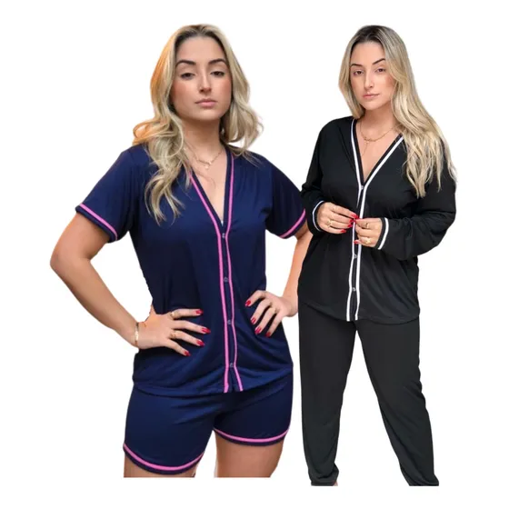 Kit 2 Pijamas Feminino Americanos Aberto Botão Inverno Verão