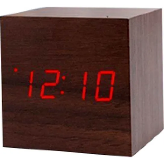 Relógio Digital De Mesa Retrô Madeira Cubo Data Hora Led