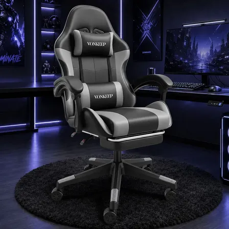 Silla Gamer VonKeep Ergonómica Giratoria con Reposapiés y Tira LED Gris