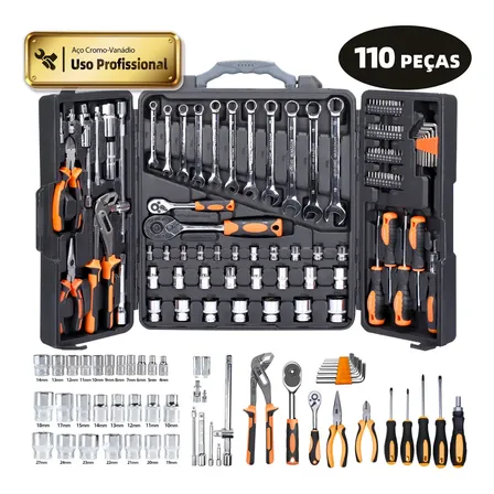Inova Cases 110 Peças Kit Ferramentas Completa Jogo De Soquetes Chaves Sextavados, Alicate Bomba D'água Catraca Bits... Preto