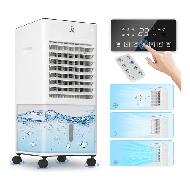 Enfriador De Aire Portatil CM-TOP 3 En 1 Evaporativo Ventilador Frío Tanque Agua 6L Oscilación Silencioso Con Control Remoto Temporizador 3 Modos Viento Sueño Para Oficina Hogar Blanco