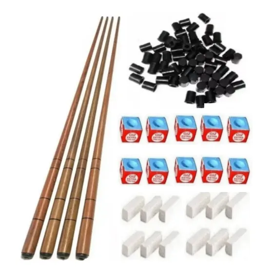 4 Tacos Bar Sinuca Snooker 1.45m + Virolas Giz Azul E Branco