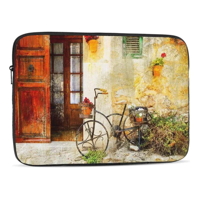 Funda Para Portatil,flor Encantadora Calle Pueblo Bicicleta