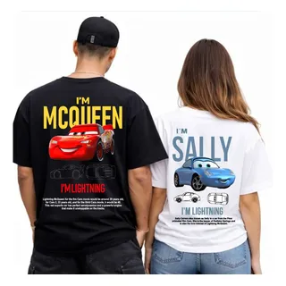 Kit Camiseta Casal Streetwear Carros Mcqueen + Sally Full Preto M