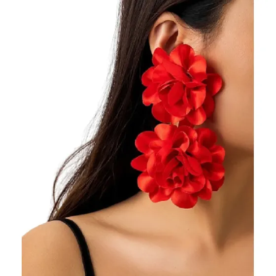Luxo Maxxi Brinco Comprido Flor Vermelha 2 Flores 13 Cm