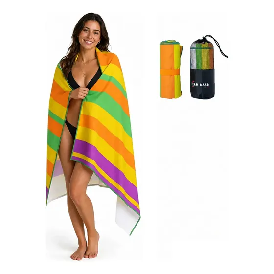 Toalla De Playa Microfibra 160x80cm Secado Rápido Toallón Con Bolsa Estampado De Rayas En Una Cara