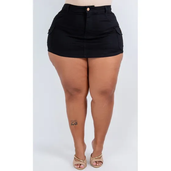 Short Saia Jeans Cargo Plus Size Levanta Bumbum Lazer