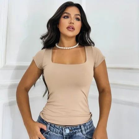 Blusa Slim Fit Feminina Suplex Manga Curta Decote Quadrado