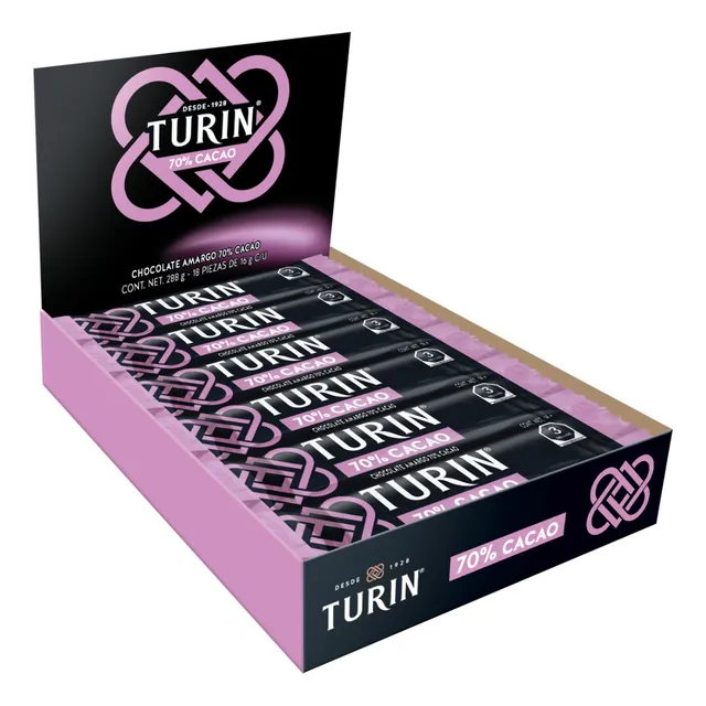 Turín 70 % cacao barras de chocolate amargo 18 piezas de 16g