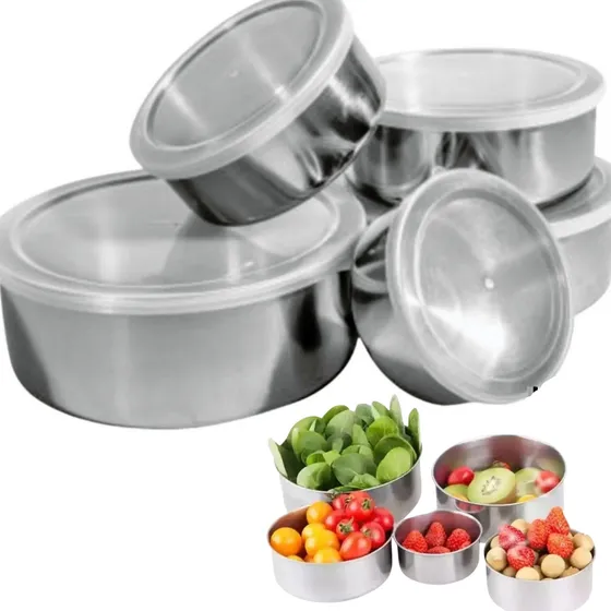 Jogo De Tigelas Aço Inox 5 Peças Com Tampa Conjunto Bacia