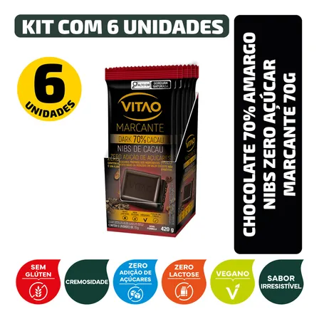 Kit Chocolate 70% Amargo Nibs Zero Açúcar Marcante 70g - 6 Unid
