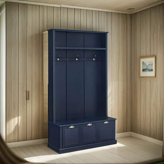 Mueble Recibidor Con Banco Y Perchero, Azul Marino