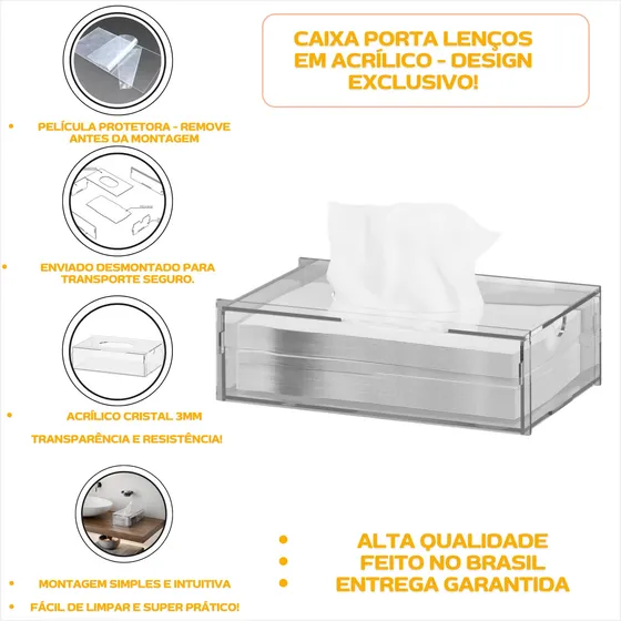 Porta Lenço Caixa Papel Acrílico Cristal Premium Fabricada Em Acrílico 3mm Cast Desmontável Reaggio