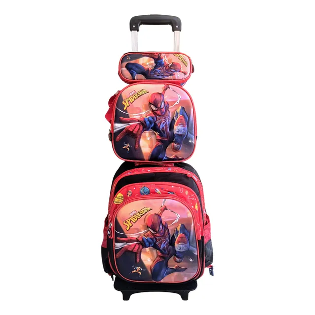 Mochila Escolar Infantil Spiderman Tripack Con Ruedas Nueva