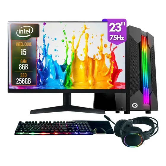 Computador Gamer completo 2Eletro Chroma, Intel Core i5, 8GB RAM, SSD 256GB, Fonte 500W, Monitor 23" 75Hz, Kit Gamer completo - PG2E-1016CH