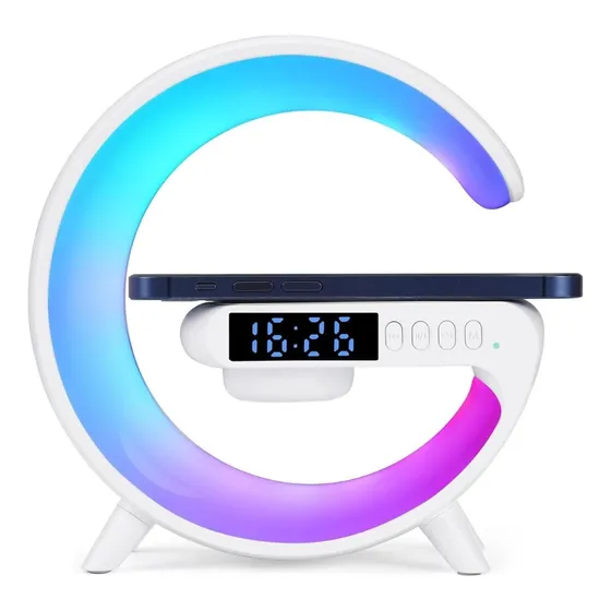 Lampara Veladora G Parlante Cargador Inalámbrico Luces Rgb Estructura Blanco Pantalla Negro