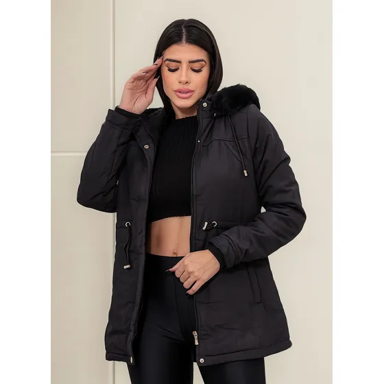 Parka Sobretudo Feminina Forro Pelinhos Casaco Inverno Capuz