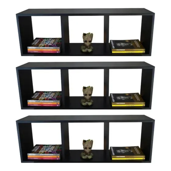 Kit 3 Nichos Retangular Com 2 Divisórias 100x30x20cm Mdf Preto Preto