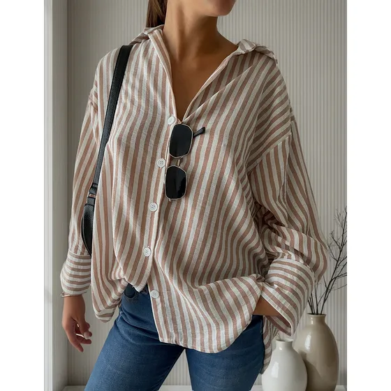 Camisa Mujer De Lino Rayada Oversize