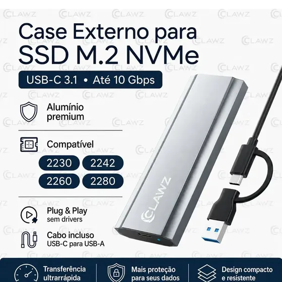 Case Para Ssd M.2 Nvme Externo Usb-c 3.1 Adaptador Nvme 2230 2242 2260 2280 Alumínio M-key Até 4tb 1