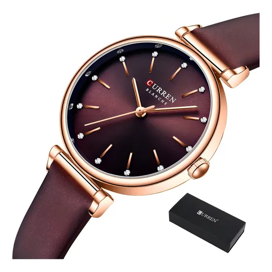 Bellísimo Reloj Curren De Dama Color del bisel Rose Coffee Color del fondo Bordó