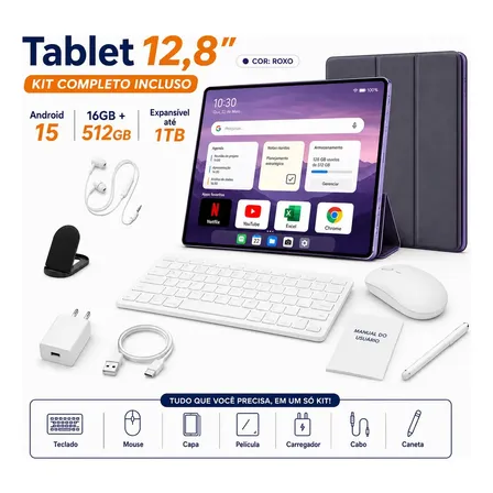 Tablet Android Hancdon 512GB 16GB RAM 12.8" Kit Completo com Teclado e Caneta para Estudo e Trabalho